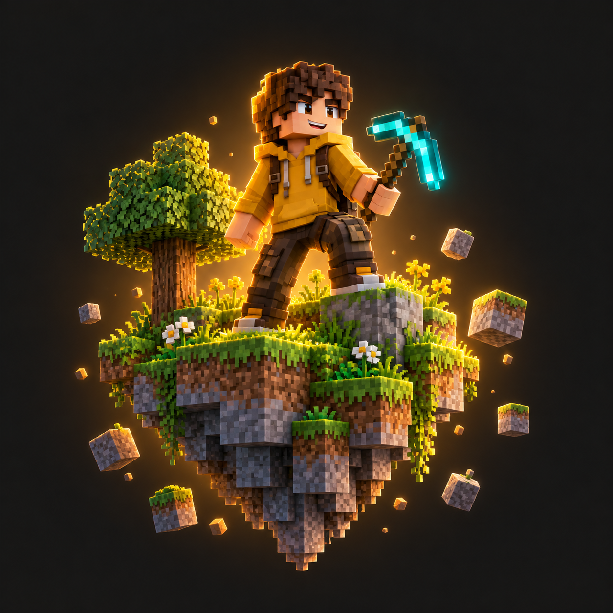 Minecraftowy odkrywca z diamentowym kilofem na unoszącej się wyspie